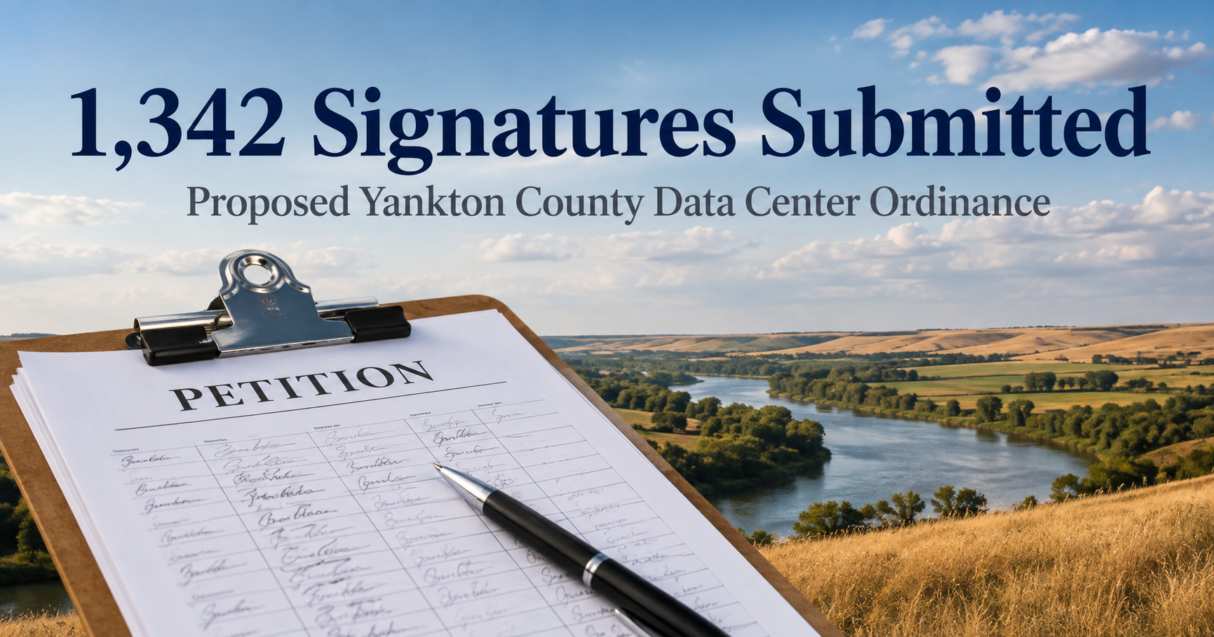 Petition form on a clipboard overlooking a South Dakota river and farmland, with text noting that 1,342 signatures were submitted for a proposed Yankton County data center ordinance.